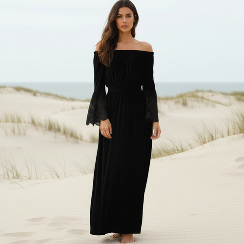 Women's Boho Lace Off-Shoulder Long Dress Long Sleeve Flared Beach Summer Dress – White Black - Lolly 
