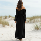 Women's Boho Lace Off-Shoulder Long Dress Long Sleeve Flared Beach Summer Dress – White Black - Lolly 