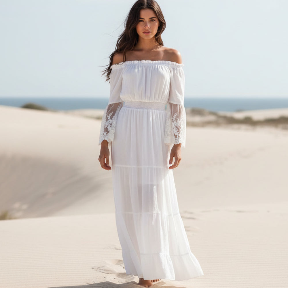 Women's Boho Lace Off-Shoulder Long Dress Long Sleeve Flared Beach Summer Dress – White Black - Lolly 