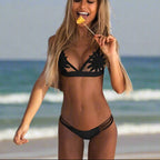 Women's Boho Mesh Flower Bikini Set Triangle Thong Bottom Floral Overlay Beach Summer – White Black - Lolly 
