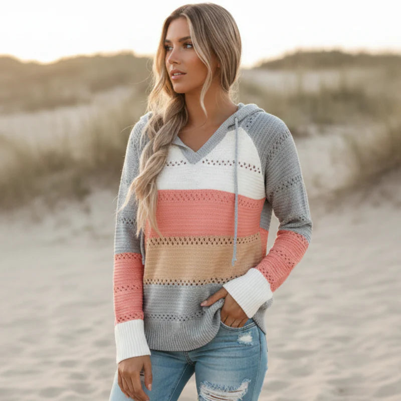 Women's Boho Patchwork Color Block Knit Pullover Sweater Casual Cozy Everyday Fall Winter Streetwear – Burgundy - Lolly 