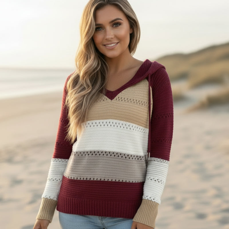 Women's Boho Patchwork Color Block Knit Pullover Sweater Casual Cozy Everyday Fall Winter Streetwear – Burgundy - Lolly 