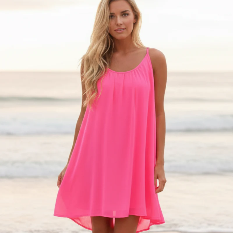 Women's Boho Sleeveless Beach Cover Up Mini Dress Spaghetti Strap See-Through Crochet Back Casual Summer Dress - Lolly 