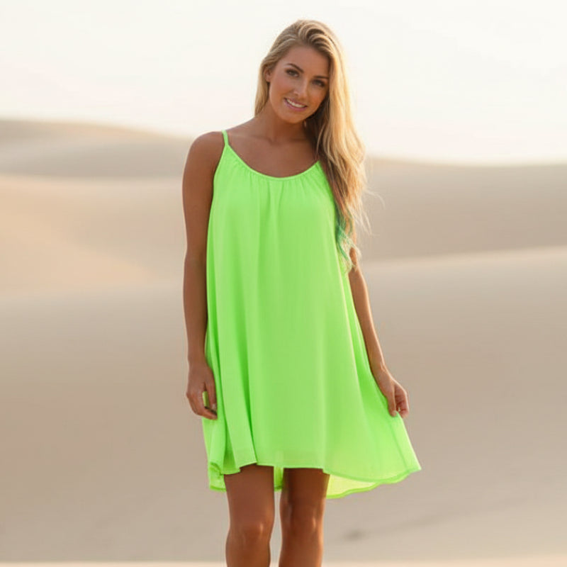 Women's Boho Sleeveless Beach Cover Up Mini Dress Spaghetti Strap See-Through Crochet Back Casual Summer Dress - Lolly 