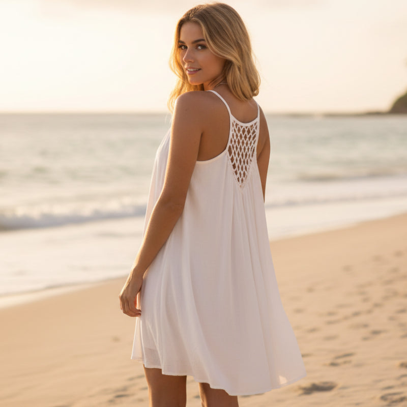Women's Boho Sleeveless Beach Cover Up Mini Dress Spaghetti Strap See-Through Crochet Back Casual Summer Dress - Lolly 