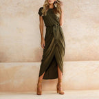 Women's Boho Split Long Dress Square Neck Short Sleeve Layered Slit Casual Summer Party Dress – Multicolor - Lolly 