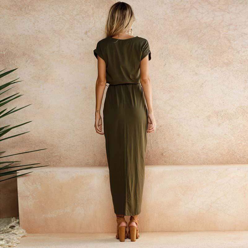 Women's Boho Split Long Dress Square Neck Short Sleeve Layered Slit Casual Summer Party Dress – Multicolor - Lolly 