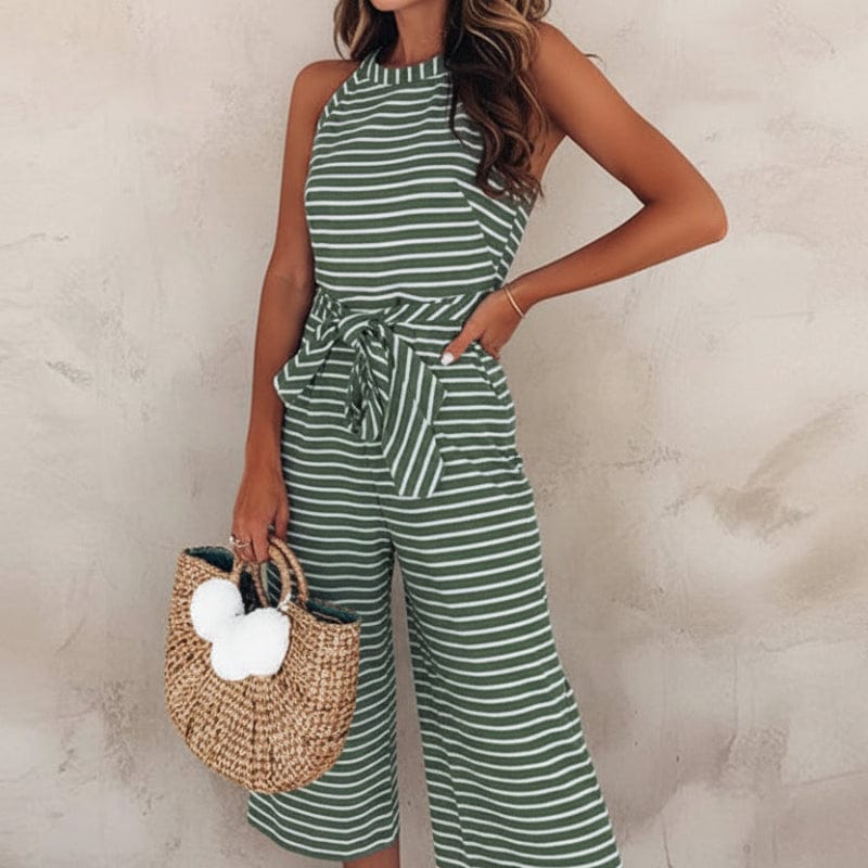 Women's Boho Striped Sleeveless Romper Jumpsuit Tie Waist Wide Leg Casual Summer Everyday Outfit – Multicolor - Lolly 