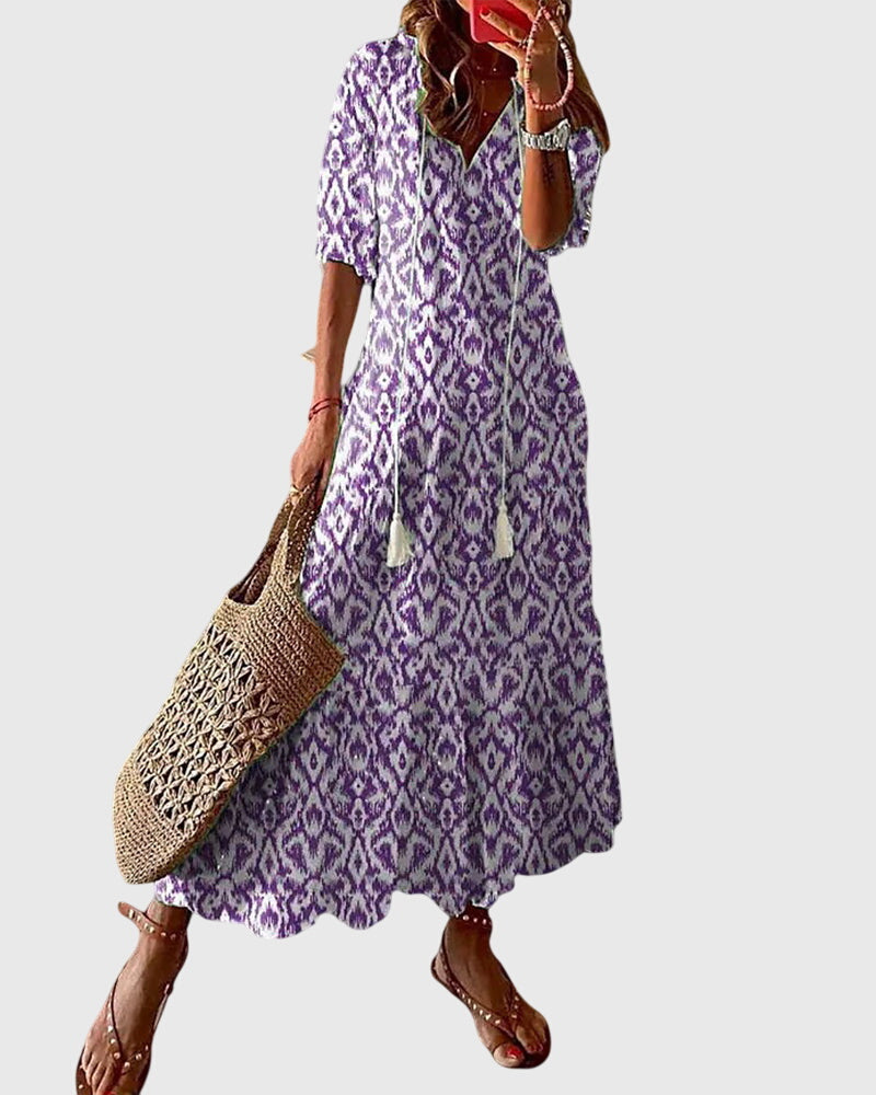 Women's Boho Vintage Summer Midi Dress Floral Print Short Sleeve Casual Feminine Chic – Amalia - Lolly 
