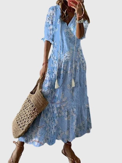 Women's Boho Vintage Summer Midi Dress Floral Print Short Sleeve Casual Feminine Chic – Amalia - Lolly 