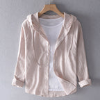 Women's Breathable Linen Blend Blouse Hooded Button Placket Loose Fit Casual Everyday – White - Lolly 
