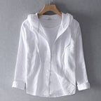 Women's Breathable Linen Blend Blouse Hooded Button Placket Loose Fit Casual Everyday – White - Lolly 