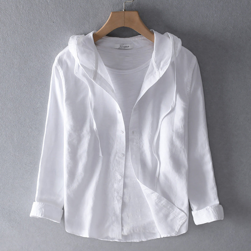 Women's Breathable Linen Blend Blouse Hooded Button Placket Loose Fit Casual Everyday – White - Lolly 
