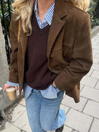 Women's Brown Jacket Oversized Notched Lapel Single Button - Lolly 