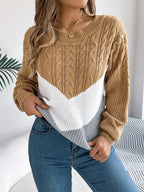 Women's Cable Knit Sweater Chevron Colorblock Pullover Crew Neck Winter Casual - Lolly 