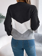 Women's Cable Knit Sweater Chevron Colorblock Pullover Crew Neck Winter Casual - Lolly 