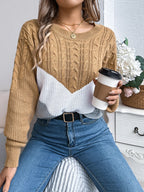 Women's Cable Knit Sweater Chevron Colorblock Pullover Crew Neck Winter Casual - Lolly 