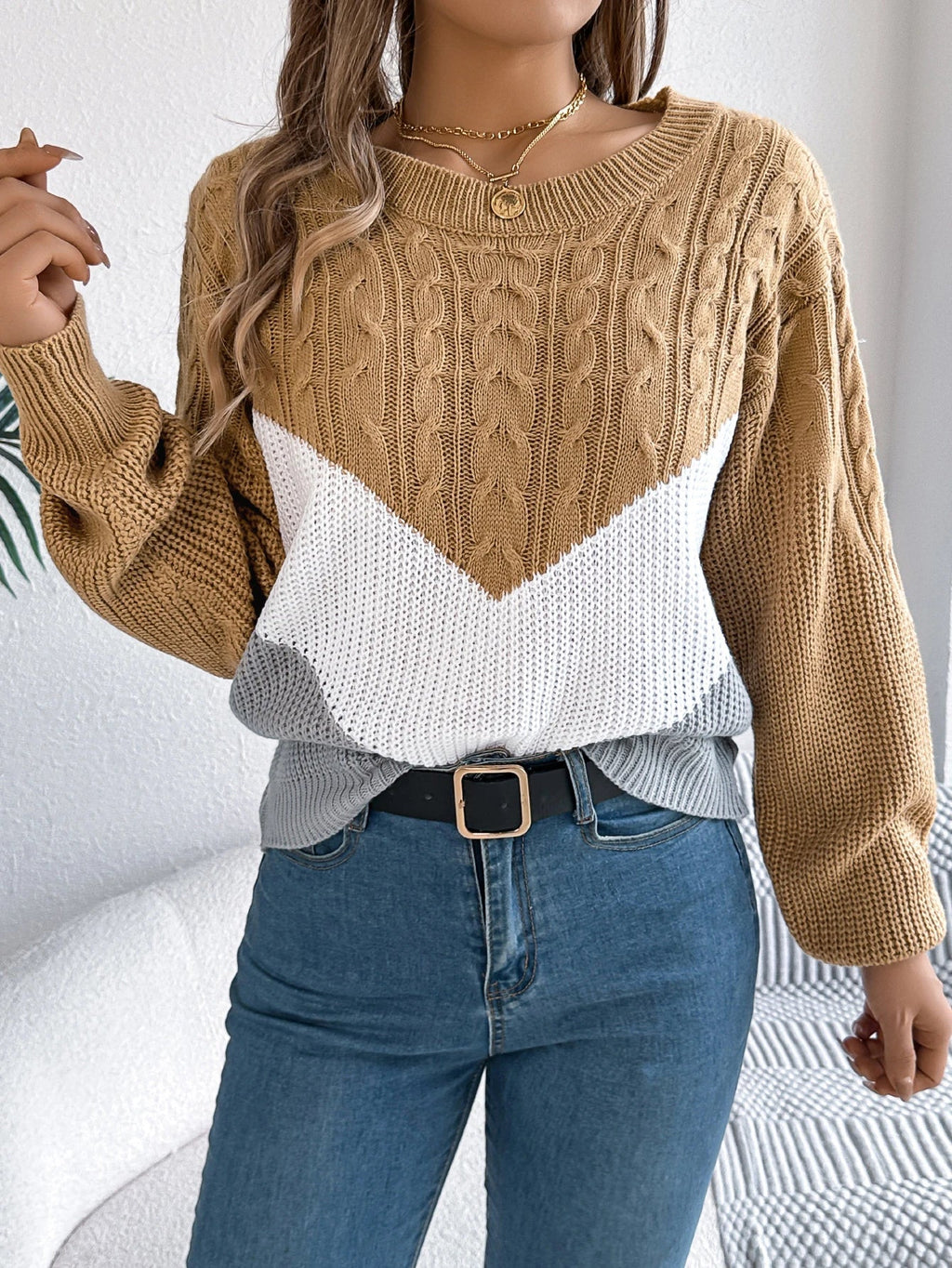 Women's Cable Knit Sweater Chevron Colorblock Pullover Crew Neck Winter Casual - Lolly 