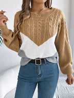 Women's Cable Knit Sweater Chevron Colorblock Pullover Crew Neck Winter Casual - Lolly 