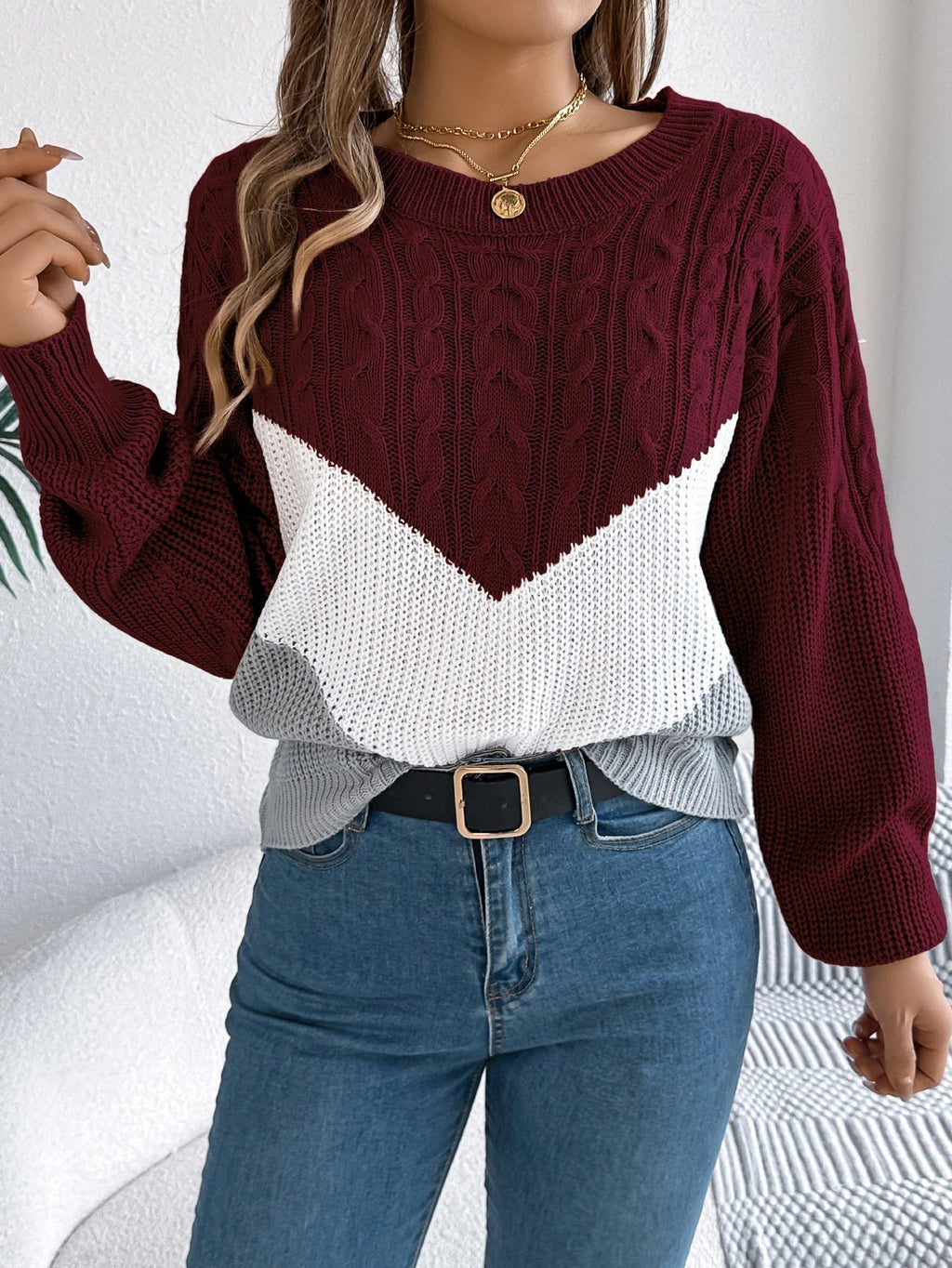 Women's Cable Knit Sweater Chevron Colorblock Pullover Crew Neck Winter Casual - Lolly 