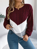 Women's Cable Knit Sweater Chevron Colorblock Pullover Crew Neck Winter Casual - Lolly 