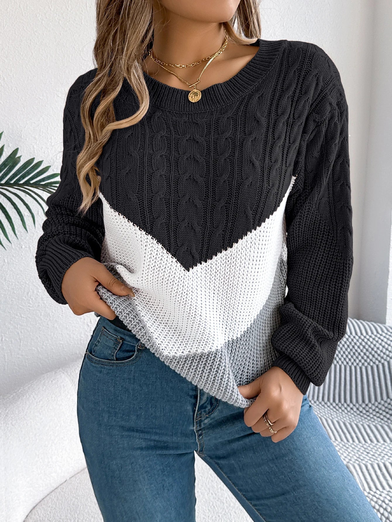 Women's Cable Knit Sweater Chevron Colorblock Pullover Crew Neck Winter Casual - Lolly 
