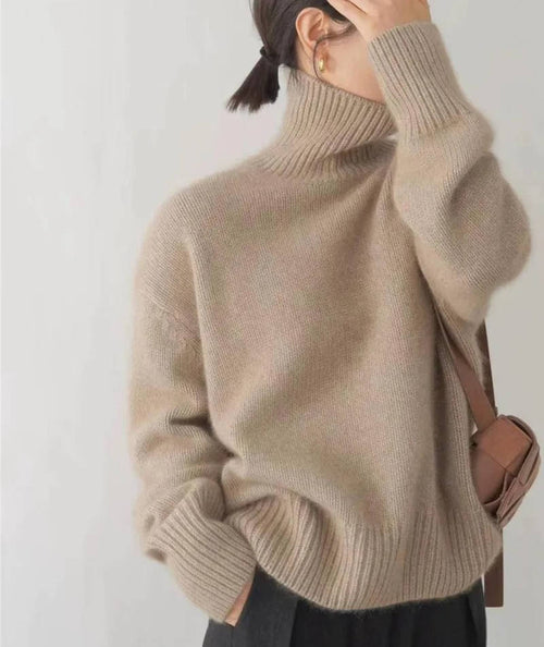 Women's Cashmere Turtleneck Sweater Soft Cozy Relaxed Fit Warm Casual Elegant Winter – Beige - Lolly 