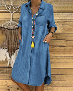 Women's Casual Denim Shirt Dress Button-Down Collar Pockets Relaxed Fit Everyday Midi Summer Style - Lolly 