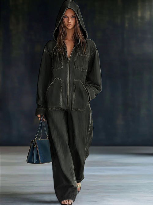 Women's Casual Loose Retro Denim Jumpsuit Hooded Zipper Sleeve Pocket Vintage – Blue - Lolly 