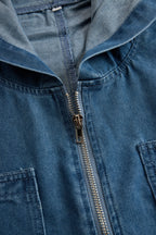 Women's Casual Loose Retro Denim Jumpsuit Hooded Zipper Sleeve Pocket Vintage – Blue - Lolly 