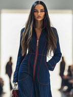 Women's Casual Loose Retro Denim Jumpsuit Lapel Red Topstitching Wide-Leg Sleeve Pocket – Blue - Lolly 