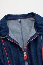 Women's Casual Loose Retro Denim Jumpsuit Lapel Red Topstitching Wide-Leg Sleeve Pocket – Blue - Lolly 