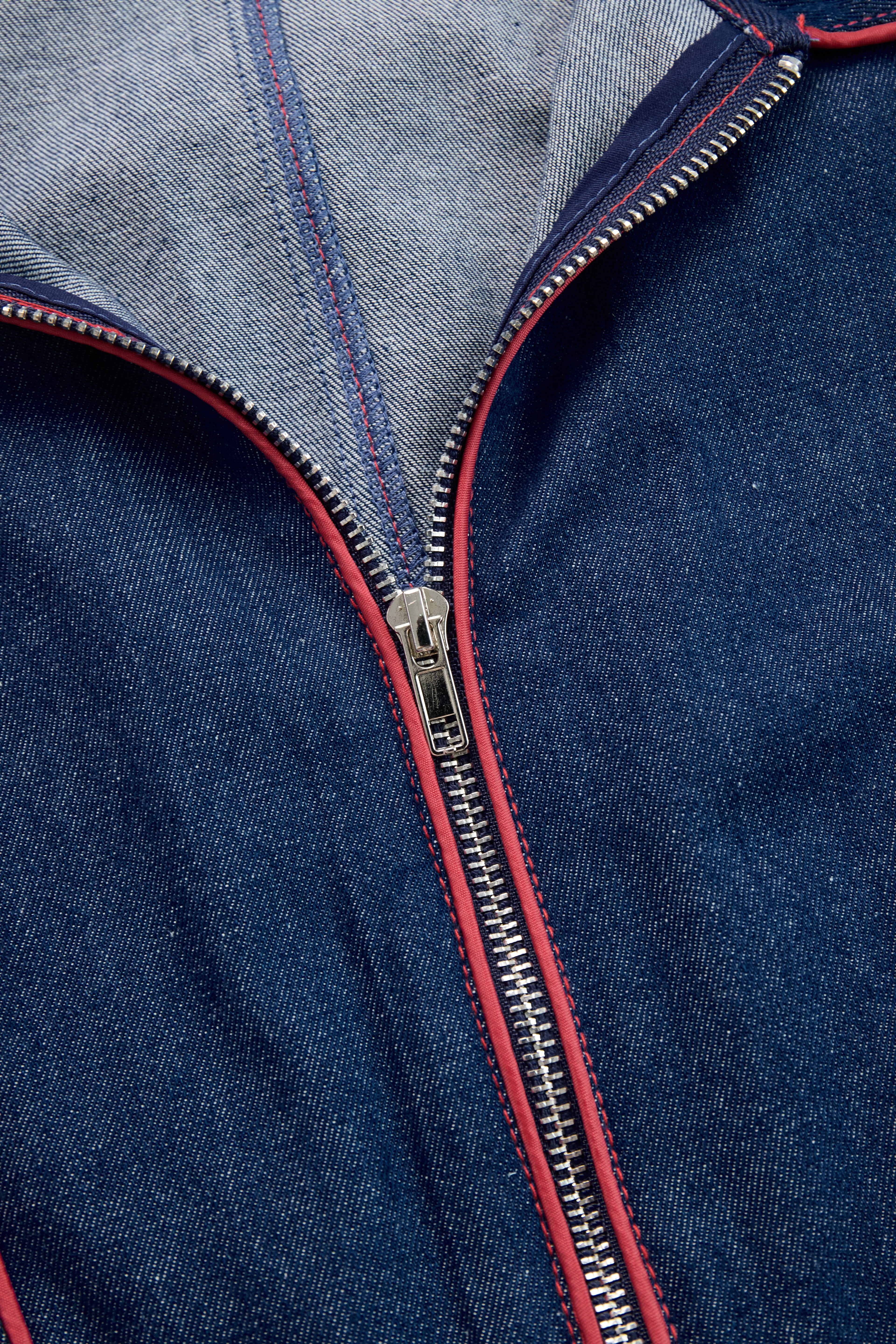 Women's Casual Loose Retro Denim Jumpsuit Lapel Red Topstitching Wide-Leg Sleeve Pocket – Blue - Lolly 