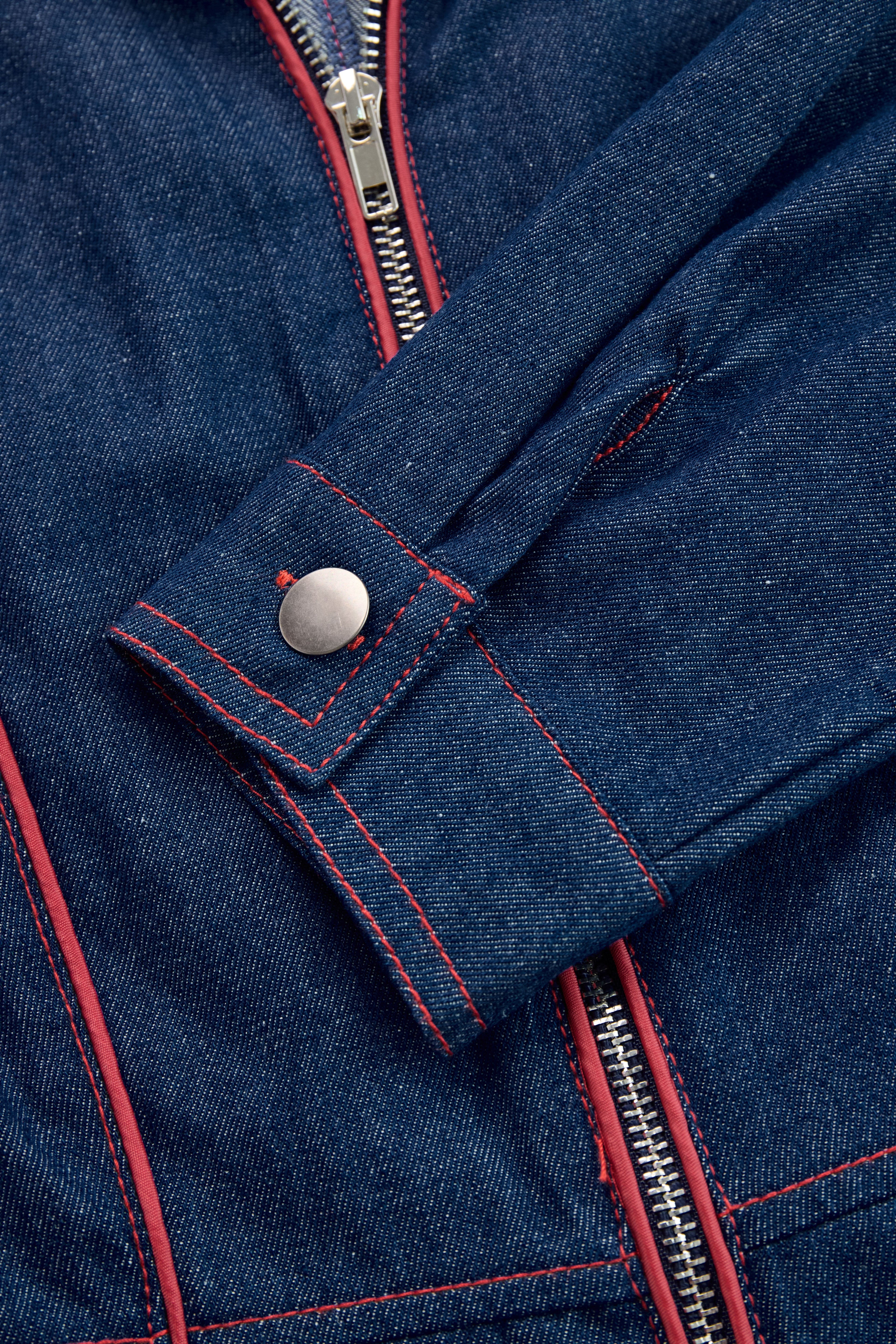 Women's Casual Loose Retro Denim Jumpsuit Lapel Red Topstitching Wide-Leg Sleeve Pocket – Blue - Lolly 