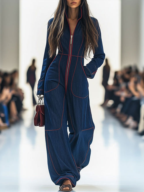 Women's Casual Loose Retro Denim Jumpsuit Lapel Red Topstitching Wide-Leg Sleeve Pocket – Blue - Lolly 