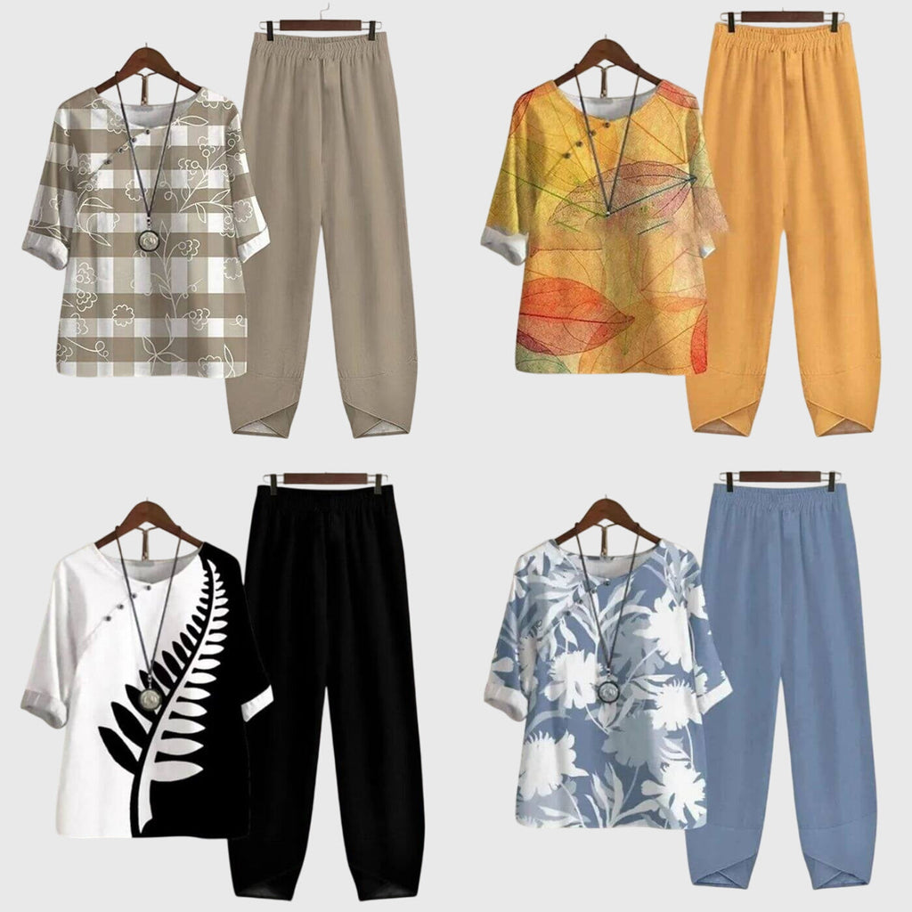 Women's Casual Loose Two-Piece Set Printed Short Sleeve Top Wide-Leg Pants Comfortable Everyday – Alessia - Lolly 