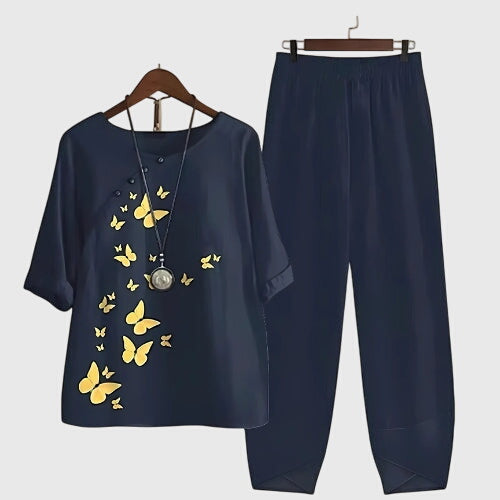 Women's Casual Loose Two-Piece Set Printed Short Sleeve Top Wide-Leg Pants Comfortable Everyday – Alessia - Lolly 