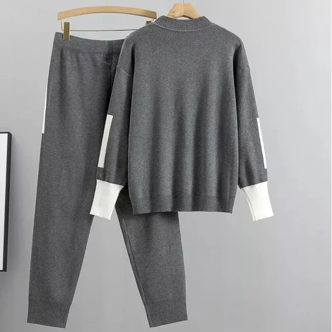 Women's Casual Lounge Sweater Pants Set Contrast Detail Jogger Two-Piece Cozy Everyday Home – Kaitlyn - Lolly 