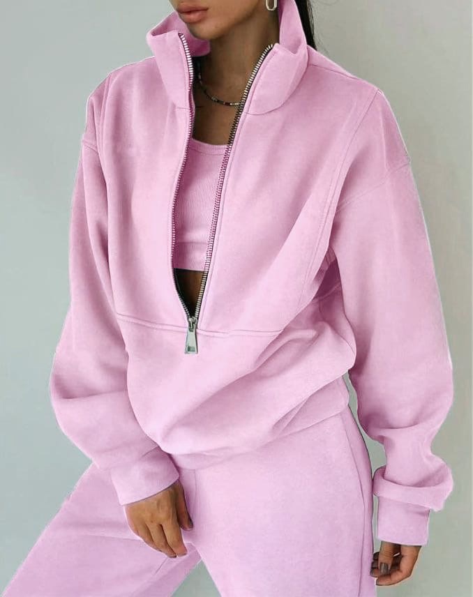 Women's Casual Oversized Two-Piece Set Half-Zip Pullover High-Waist Joggers Streetwear Lounge Cozy – Grace - Lolly 