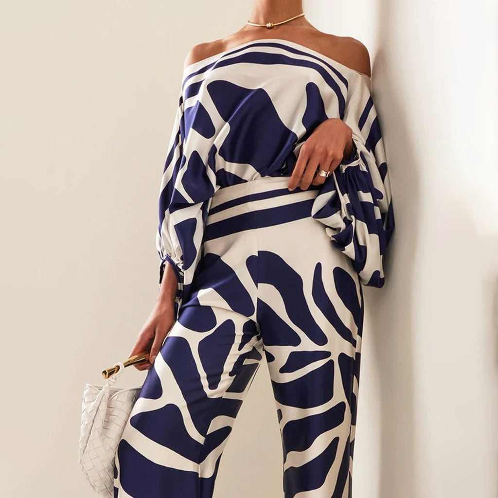 Women's Chic Summer Two-Piece Set Printed Flowy Top Wide-Leg Pants Casual Vacation Elegant Outfit - Lolly 