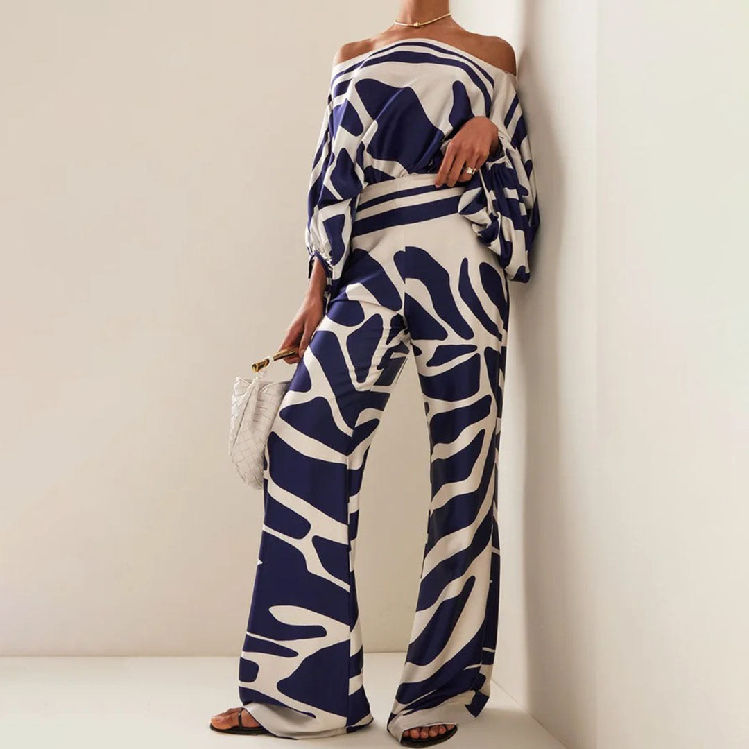Women's Chic Summer Two-Piece Set Printed Flowy Top Wide-Leg Pants Casual Vacation Elegant Outfit - Lolly 
