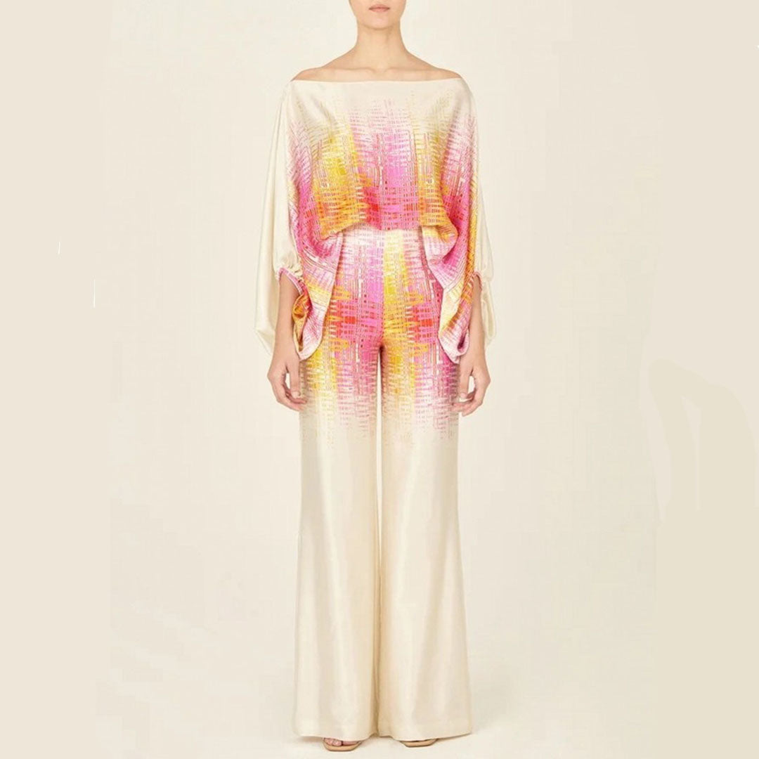 Women's Chic Summer Two-Piece Set Printed Flowy Top Wide-Leg Pants Casual Vacation Elegant Outfit - Lolly 