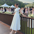 Women's Circular Back Cut Ball Gown Midi Dress Wide Shoulders Fitted Waist Sleeveless Formal Bridal Wedding Ceremony Evening Party – Evangeline - Lolly 