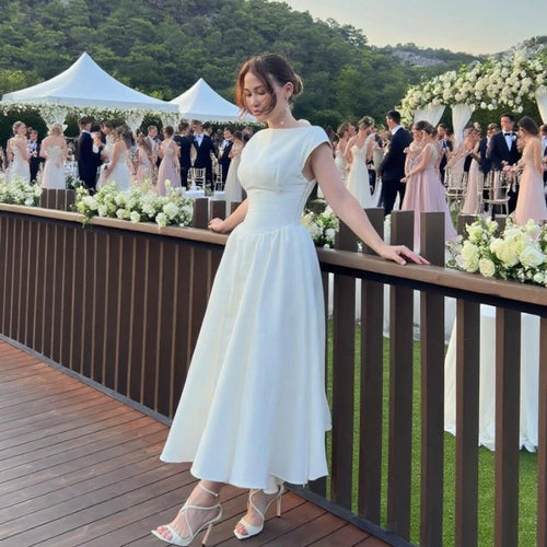 Women's Circular Back Cut Ball Gown Midi Dress Wide Shoulders Fitted Waist Sleeveless Formal Bridal Wedding Ceremony Evening Party – Evangeline - Lolly 
