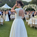Women's Circular Back Cut Ball Gown Midi Dress Wide Shoulders Fitted Waist Sleeveless Formal Bridal Wedding Ceremony Evening Party – Evangeline - Lolly 