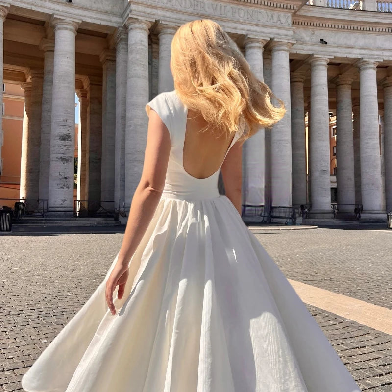 Women's Circular Back Cut Ball Gown Midi Dress Wide Shoulders Fitted Waist Sleeveless Formal Bridal Wedding Ceremony Evening Party – Evangeline - Lolly 