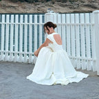 Women's Circular Back Cut Ball Gown Midi Dress Wide Shoulders Fitted Waist Sleeveless Formal Bridal Wedding Ceremony Evening Party – Evangeline - Lolly 