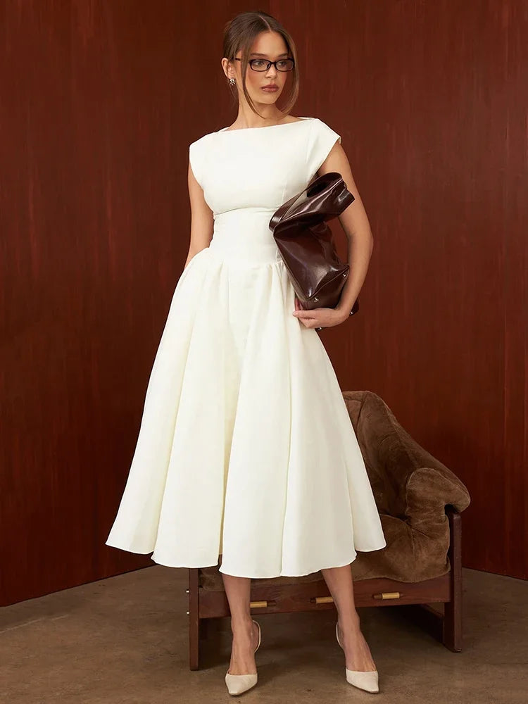 Women's Circular Back Cut Ball Gown Midi Dress Wide Shoulders Fitted Waist Sleeveless Formal Bridal Wedding Ceremony Evening Party – Evangeline - Lolly 