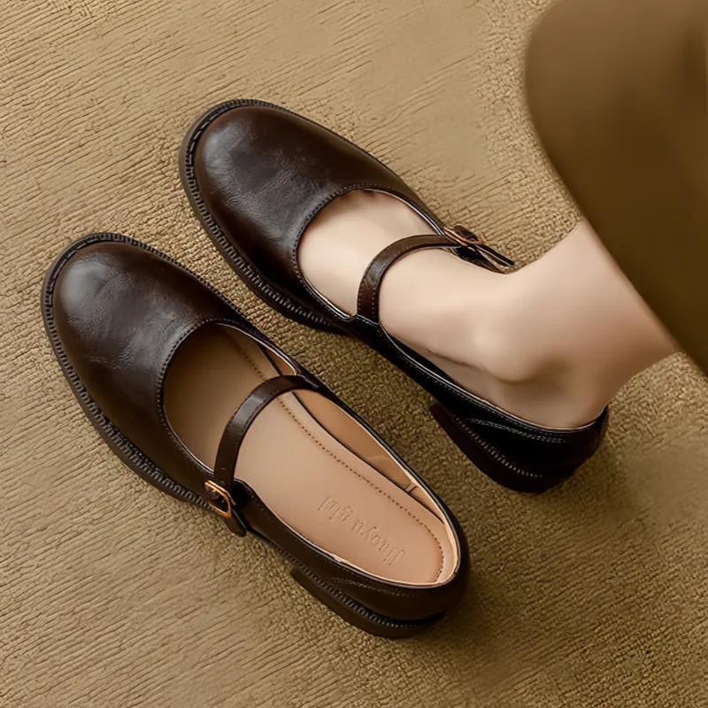 Women's Classic Leather Mary Jane Flat Shoes Single Strap Round Toe Smooth Finish Casual Work Office Everyday Comfortable Walking Smart – Constance - Lolly 