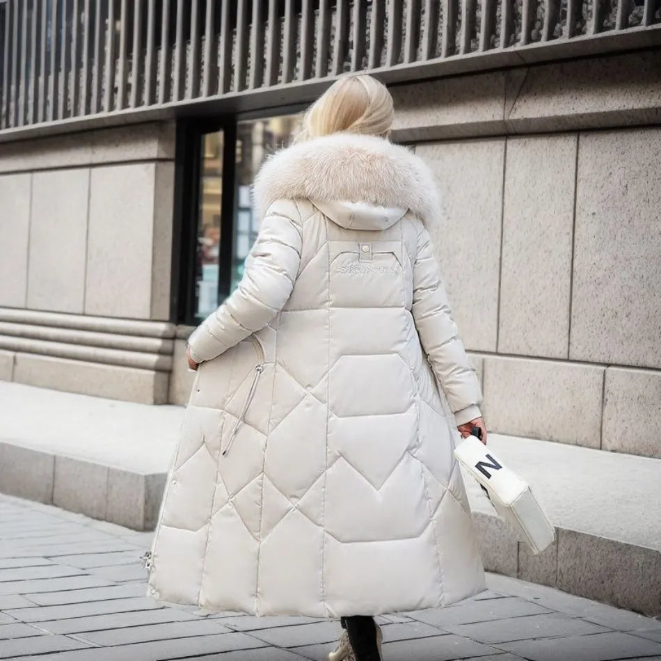 Women's Coat in Winter Maxi Length with Fur-Trimmed Hood - Lolly 